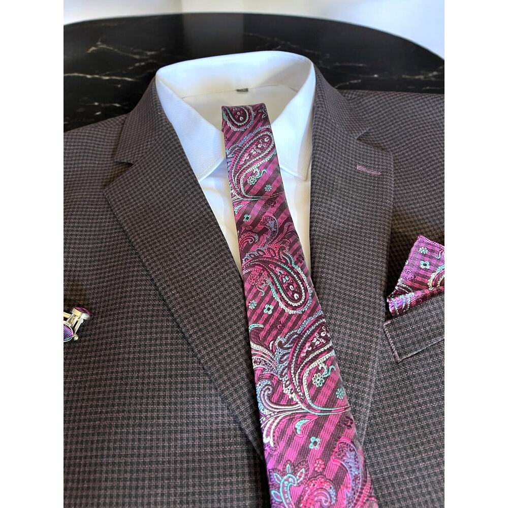 Tie Set 3 piece Purple Fuchsia Tie Pocket Square Cuffs 57.75”x3.25”